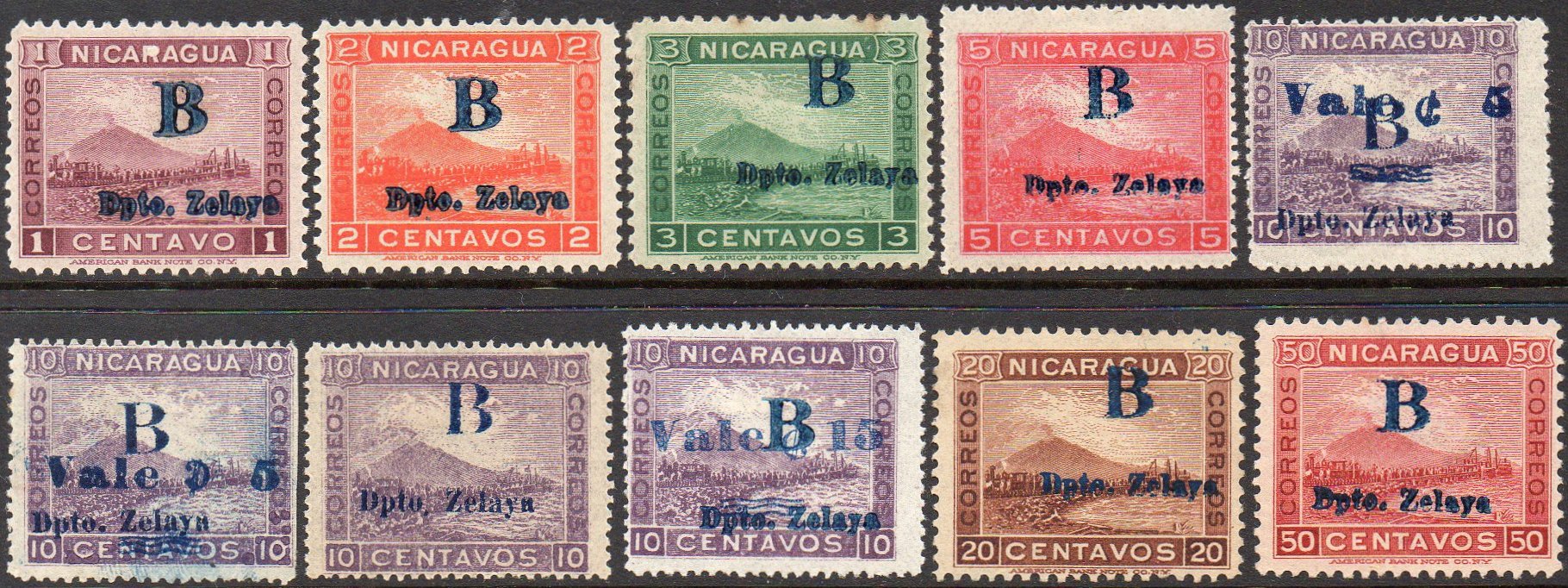 timbres-poste sellos postales stamps Nicaragua Momotombo to Dealers' Order Zelaya Bluefields Volcano & Train
